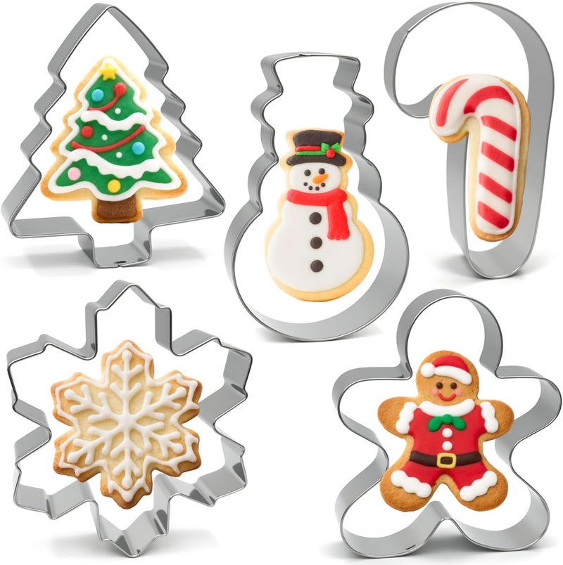 VTUGP Christmas Cookie Cutters Large - 5 Pieces - Gingerbread Man, Christmas Tree, Snowflake, Snowman, Candy Cane Shapes, Stainless Steel Biscuit Cutter Molds Set for Winter Holiday Baking - Image 1